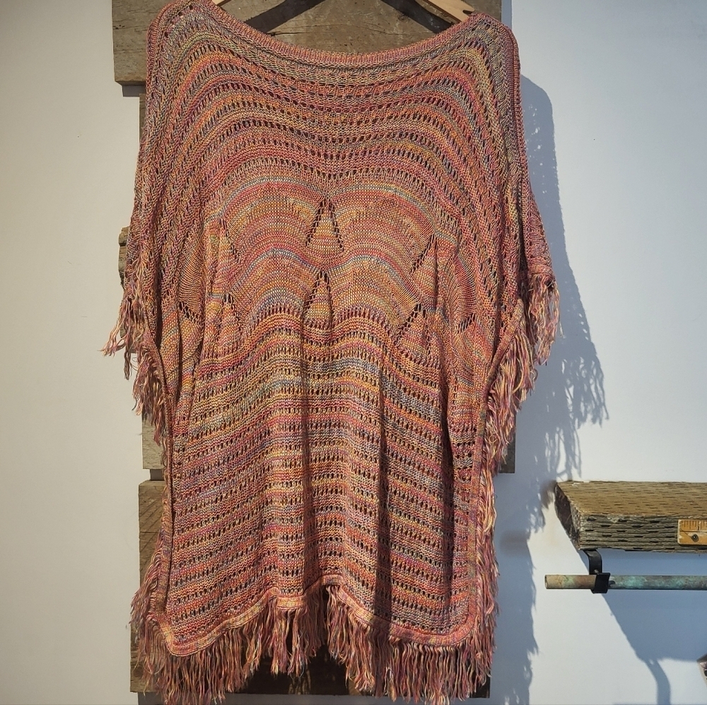 Papaya Multicolor Knit Fringe Poncho